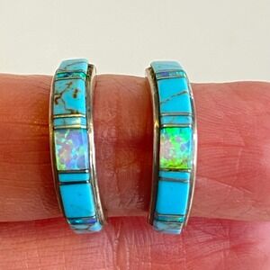 Vintage Sterling Silver Earrings Turquoise Opal Inlay Half Hoop Southwestern